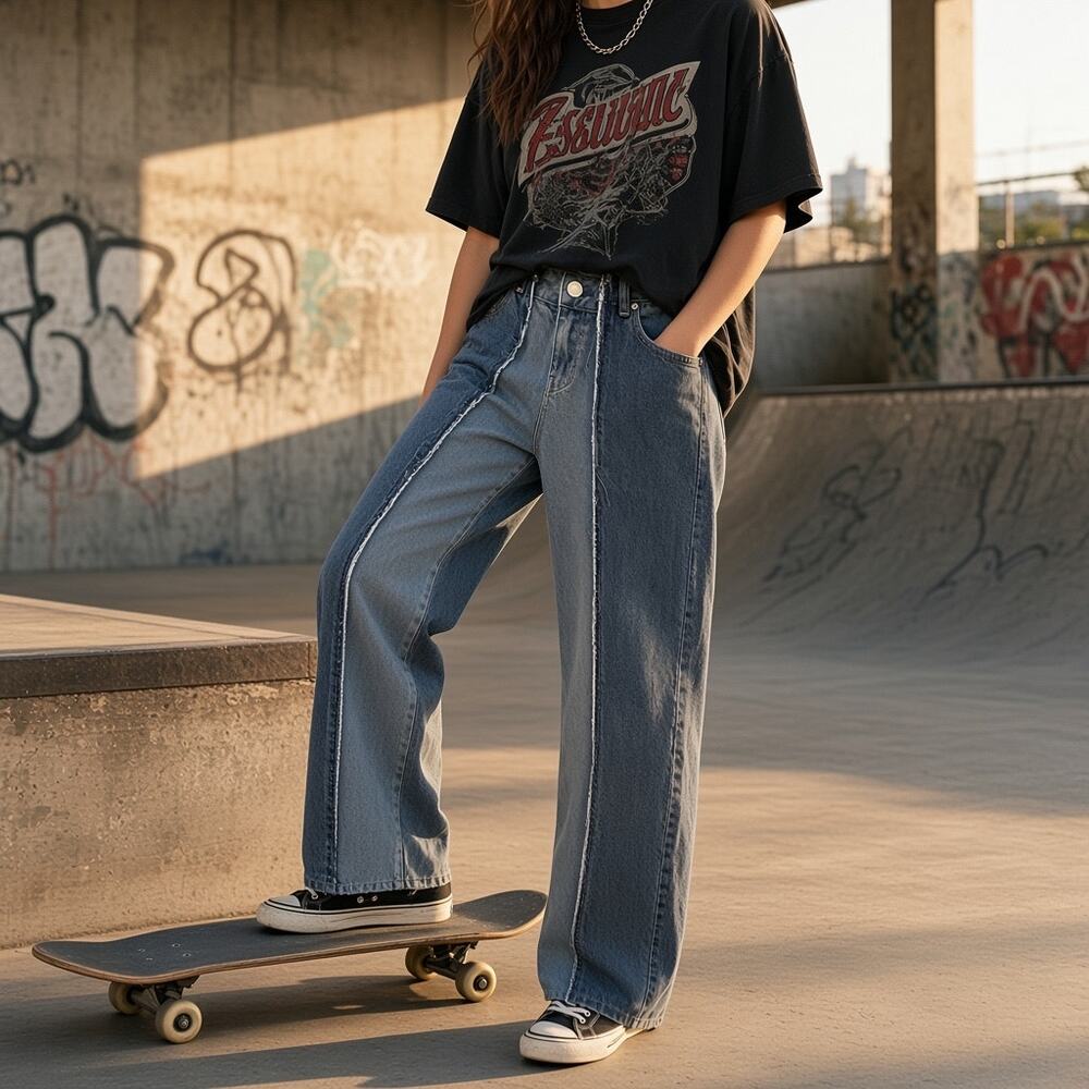 PacSun Two-Tone Baggy Wide Leg Jeans Size 23 Frayed Contrast Seams Y2K Skate